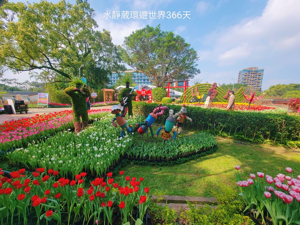 2024士林官邸鬱金香花展與日本礪波市合作的「風神的祈願」展區，神社大紅鳥居、七彩花型風車的轉轉鬱金香。